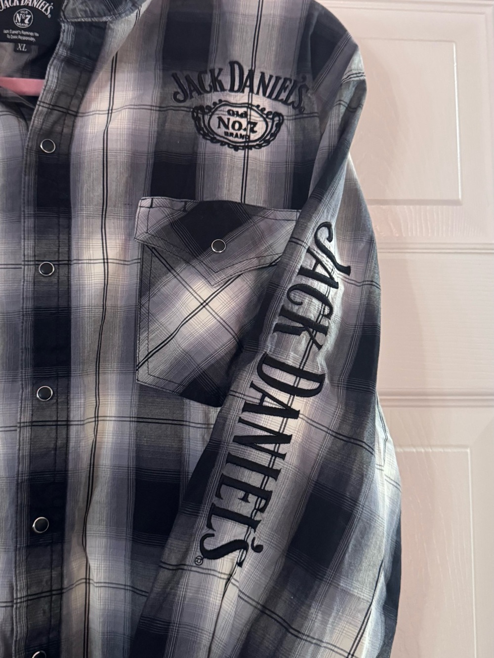 Jack Daniels Black and Gray Plaid Button-Front Shirt with Sleeve Logo